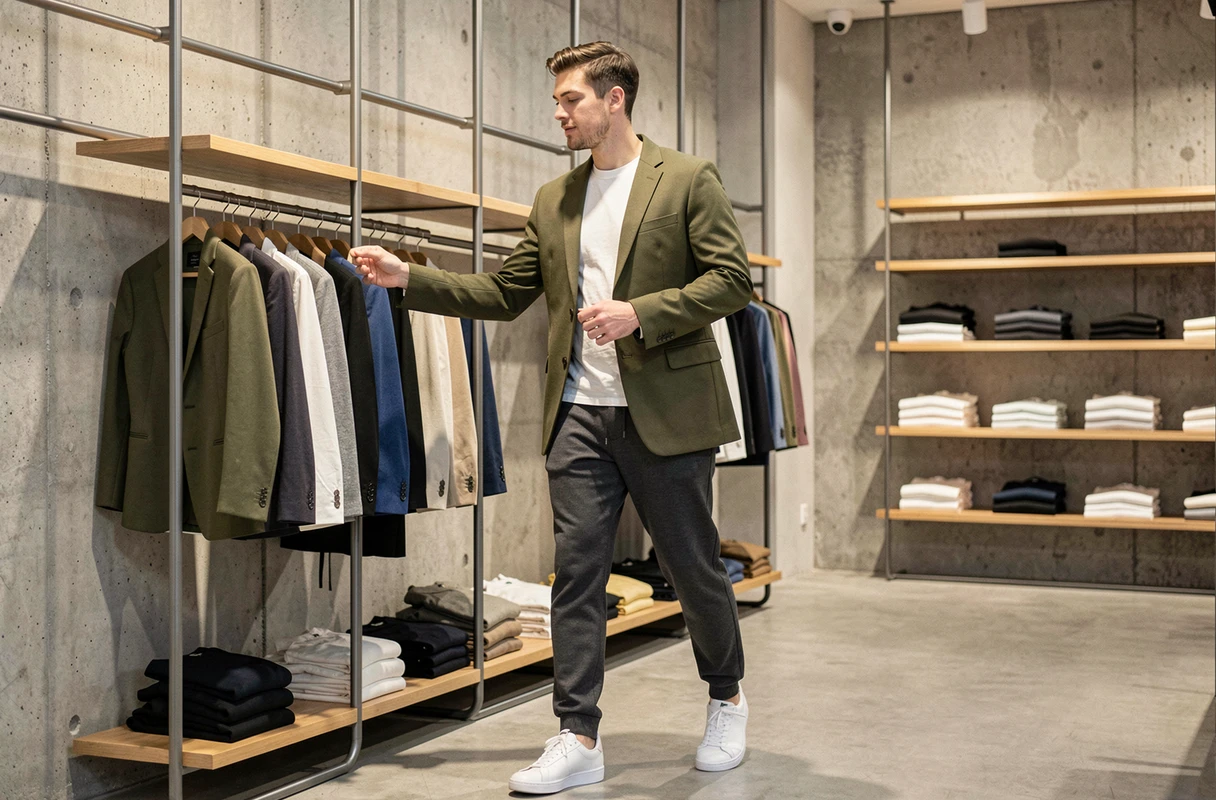 Homme en blazer oversize olive dans un concept store minimaliste, tendances mode masculine de la saison
