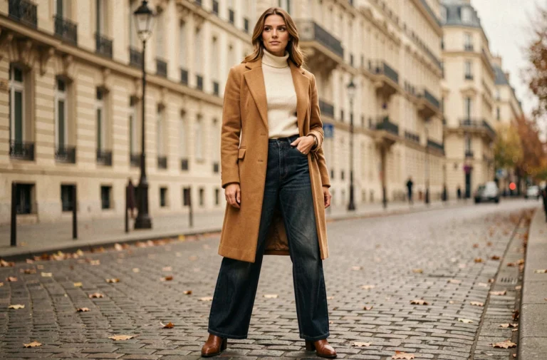 Femme élégante en manteau camel et jean large dans une rue parisienne, tendance mode automne-hiver