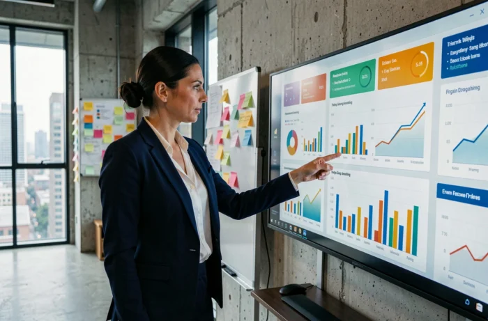 Responsable marketing pointant des tendances 2024 sur un écran interactif dans une agence moderne