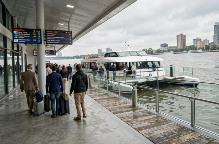 Voyageurs embarquant sur un ferry électrique moderne dans un terminal fluvial contemporain