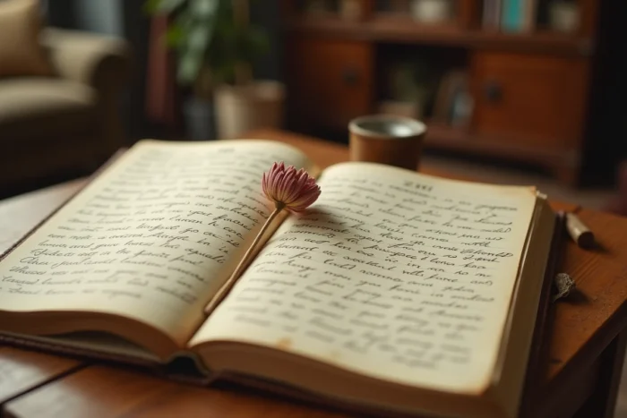 Un journal ouvert sur une table en bois ancien révèle un texte manuscrit émouvant centré sur un souvenir précis d'école pour une maîtresse retraitée