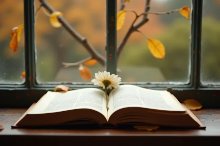 Un recueil de poésie ouvert sur un rebord de fenêtre donne sur un jardin d'école automnal, évoquant un message poétique pour une maîtresse qui part à la retraite