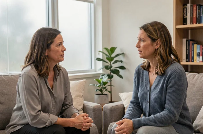 Deux femmes en séance de thérapie dans un cabinet minimaliste, représentant le travail émotionnel pour surmonter un attachement excessif et mieux gérer ses émotions