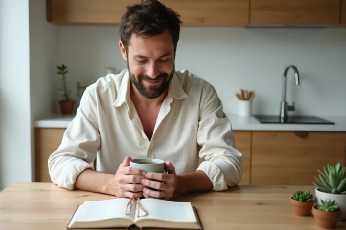 Homme se ressourçant le matin avec une tisane et un journal intime dans une cuisine minimaliste en bois naturel