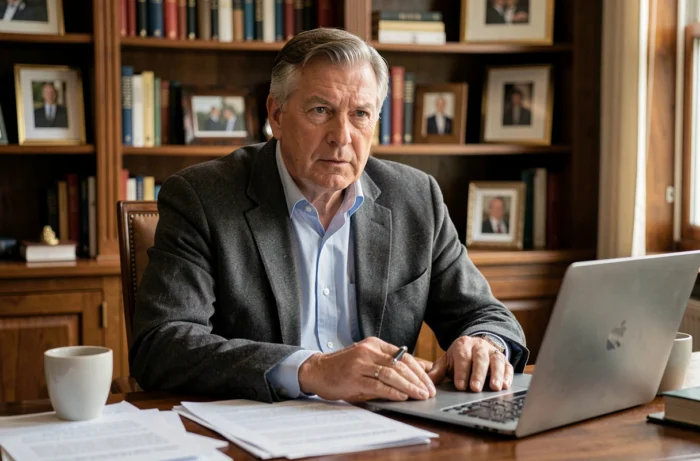 Homme distingué en blazer gris assis à un bureau en bois dans une bibliothèque élégante, symbolisant la réussite intellectuelle et professionnelle de Tony Scotti