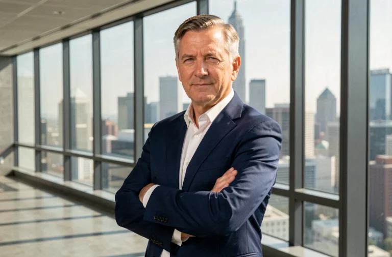 Portrait d'un entrepreneur américain en costume bleu marine dans un bureau moderne avec vue sur la ville, illustrant le succès professionnel de Tony Scotti