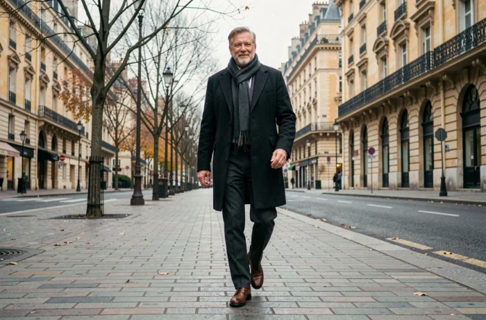 Homme d'affaires en manteau sombre marchant sur un boulevard parisien en automne, évoquant le parcours transatlantique entre les États-Unis et Paris de Tony Scotti