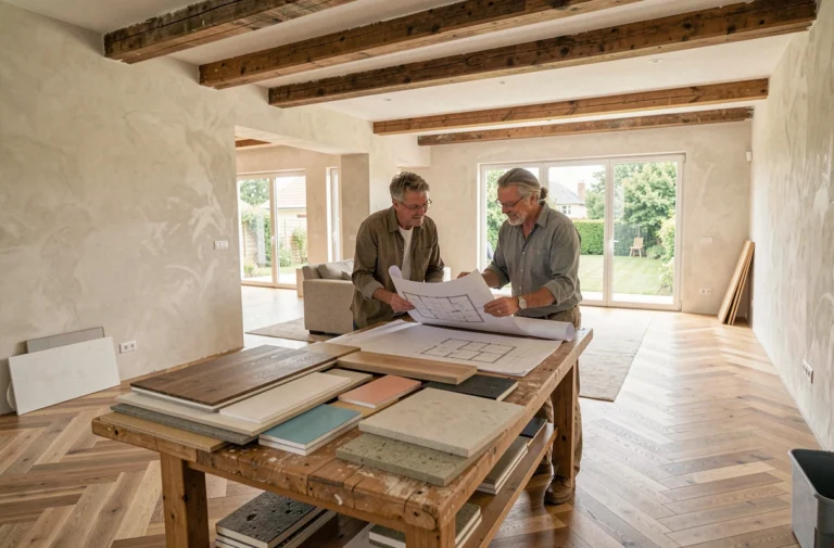 Couple examinant des plans de rénovation dans un intérieur de maison française en cours de transformation, avec échantillons de matériaux et parquet en cours de pose