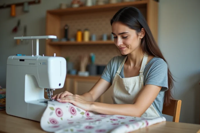 Femme utilisant la machine à coudre Brother Innov-is 15 pour coudre un tissu fleuri dans un atelier de couture maison