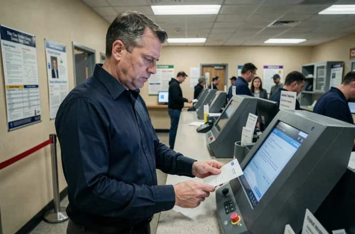 Homme consultant un terminal numérique dans un bureau de poste pour vérifier une adresse postale