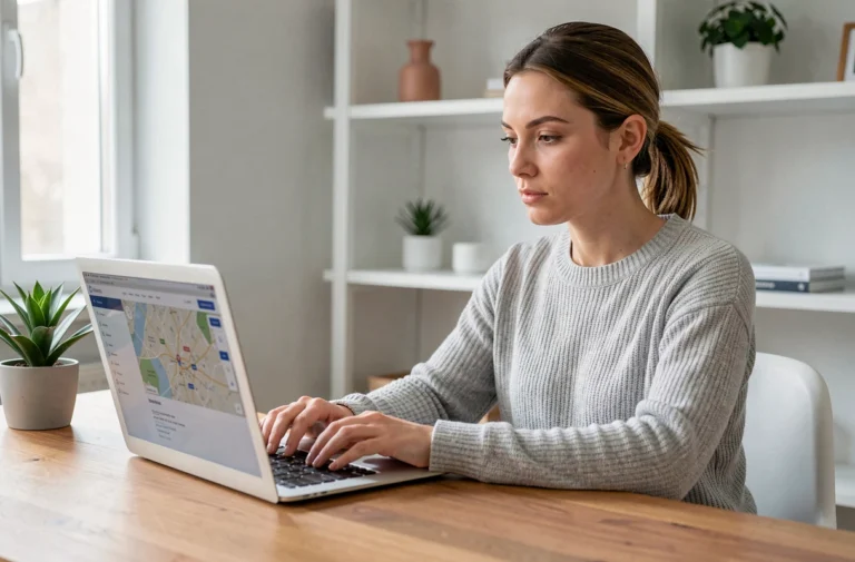 Femme vérifiant une adresse postale en ligne sur un ordinateur portable dans un bureau à domicile moderne
