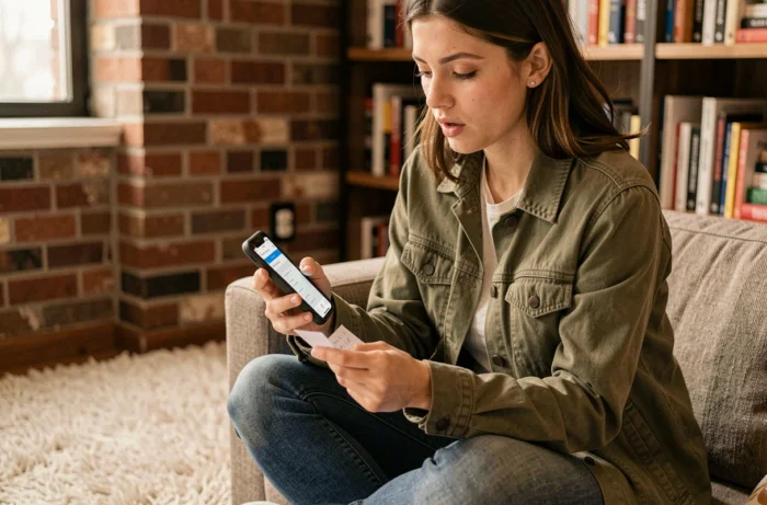 Jeune femme vérifiant une adresse postale sur smartphone avec une note manuscrite dans un appartement