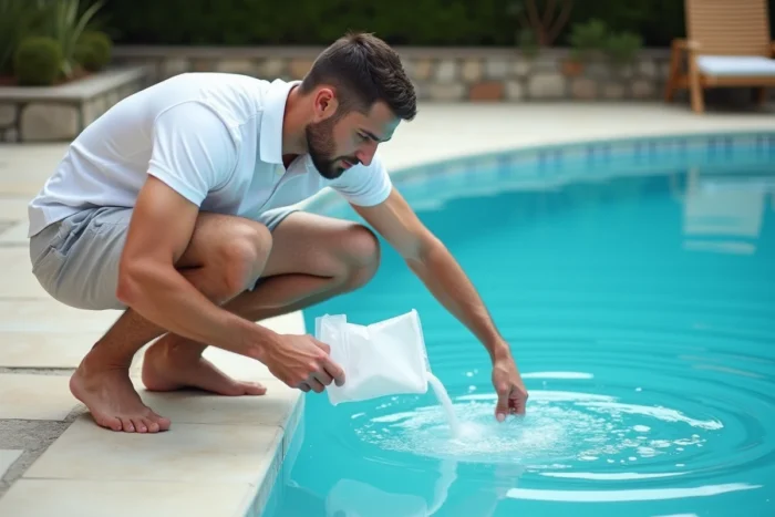 Homme versant du percarbonate de soude dans une piscine pour corriger le niveau de pH