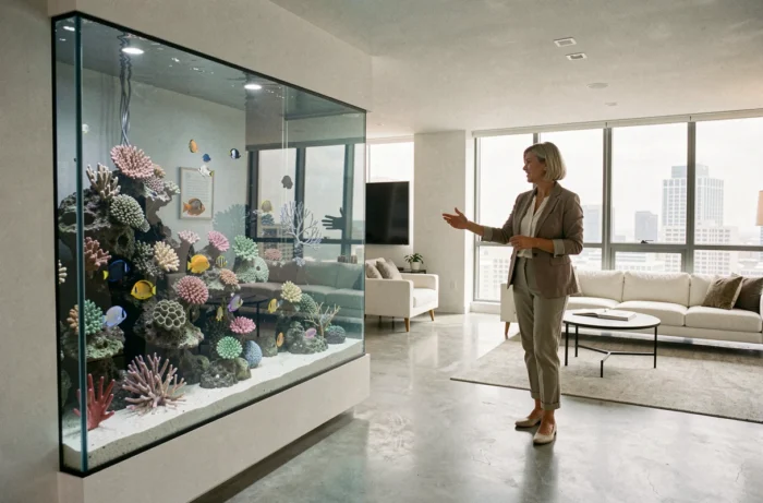 Visite d'un appartement moderne avec aquarium marin intégré comme élément de valorisation immobilière