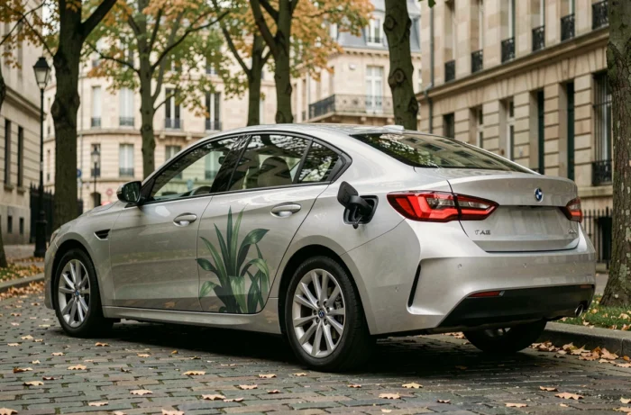 Voiture hybride moderne garée dans une rue urbaine bordée d'arbres en automne, illustrant la mobilité écologique