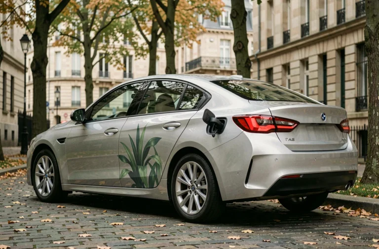 Voiture hybride moderne garée dans une rue urbaine bordée d'arbres en automne, illustrant la mobilité écologique