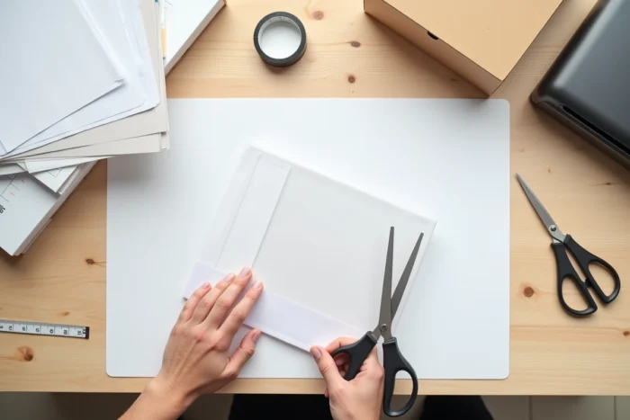 Vue du dessus d'un espace de travail avec plastifieuse, pochettes de plastification et ciseaux pour découper un document